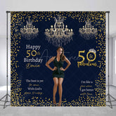 Aperturee Aperturee Custom 50 and Fabulous Birthday Photo Backdrop Elegant Navy and Gold with Chandeliers Personalized Party Decor